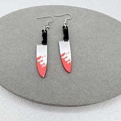 Acrylic Knife Dangle Earrings, with Stainless Steel Pins, Stainless Steel Color, Red, 30mm(FS-WG4EDAE-02)