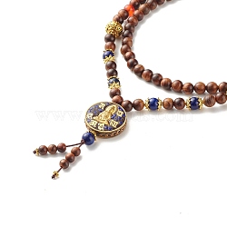 Buddha Flat Round Indoneisa Pendants Necklace, Round Wood & Natural Red Agate & Lapis Lazuli Beads Amulet Buddhist Necklace for Men Women, Colorful, 32.28 inch(82cm) (NJEW-JN03746)