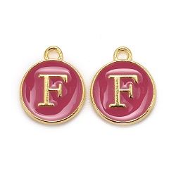 Golden Plated Alloy Enamel Charms, Cadmium Free & Lead Free, Enamelled Sequins, Flat Round with Letter, Camellia, Letter.F, 14x12x2mm, Hole: 1.5mm(ENAM-S118-08F)