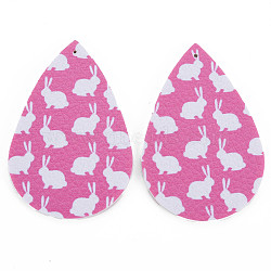 PU Leather Big Teardrop with Bunny Pendants, Easter Theme, with Rabbit Pattern, Hot Pink, 55~56.5x35~37x2mm, Hole: 1~2mm(FIND-T058-A44)
