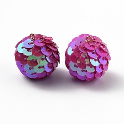 Sparkly Paillette Plastic Pendant Decorations, AB Color Plated, Ball Shape, Fuchsia, 26x21mm, Hole: 1.8mm(FIND-H211-A-02)