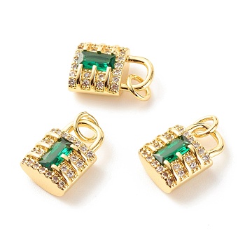 Brass Micro Pave Green Cubic Zirconia Pendants, Cadmium Free & Lead Free, Lock, Real 18K Gold Plated, 16.5x9.5x5mm, Hole: 3.5mm