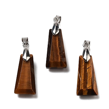 Natural Tiger Eye Faceted Pendants, Trapezoid Charms with Rack Plating Brass Snap on Bails, Platinum, 34x13x11mm, Hole: 5x3.5mm