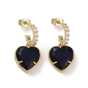 Cubic Zirconia Heart Dangle Stud Earrings, Real 16K Gold Plated Brass Half Hoop Earrings, Dark Blue, 27.5x13.5mm