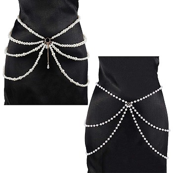 2Pcs 2 Styles Multi Layered ABS Plastic Pearl Beaded Chain Belts, Waist Belt with Golden Iron Chains Tassel for Shirt Dress Decoration, White, 29-1/8~29-1/2 inch(73.8~75cm), 1pc/style