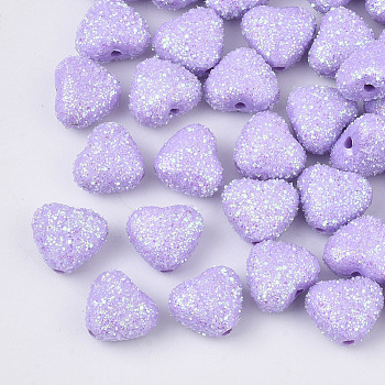 Opaque Acrylic Beads, with Glitter Powder, Heart, Medium Purple, 8x9.5x5.5mm, Hole: 1.4mm