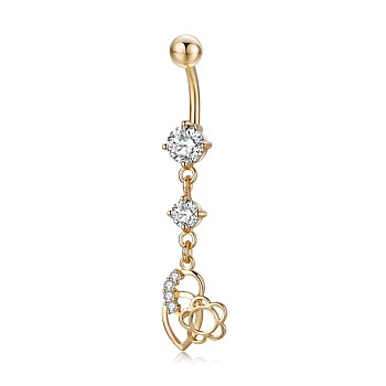 Piercing Jewelry, Brass Cubic Zirciona Navel Ring, Belly Rings, with 304 Stainless Steel Bar, Lead Free & Cadmium Free, Teardrop and Flower, Clear, 48.5mm, Pendant: 26.5x11mm, Bar: 14 Gauge(1.6mm), Bar Length: 3/8"(10mm)