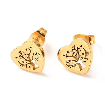 Ion Plating(IP) 304 Stainless Steel Stud Earrings, Heart with Tree, Golden, 11x10mm, Pin: 0.8mm