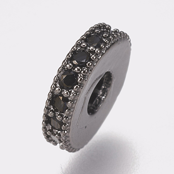 Brass Micro Pave Cubic Zirconia Bead Spacers, Flat Round, Black, Gunmetal, 8x2mm, Hole: 3mm