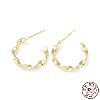 925 Sterling Silver Stud Earrings, Half Hoop Earring, Twisted Round Ring, Real 18K Gold Plated, 26x20x3mm