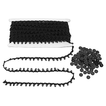 PandaHall Elite DIY Kits, Including Chinlon Elastic Force Lace Trim Cotton String Threads and Resin Buttons, Black, Ribbon: 1strand, Button: 100pcs