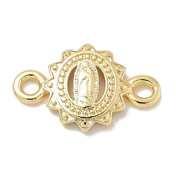 Rack Plating Brass Flat Round Connector Charms, Religion Virgin Mary Links, Long-Lasting Plated, Lead Free & Cadmium Free, Real 18K Gold Plated, 8.5x13x1.8mm, Hole: 1.6mm