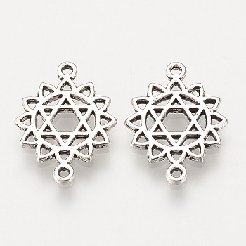 Tibetan Style Alloy Links connectors, Flower, Cadmium Free & Nickel Free & Lead Free, Chakra Anahata, Antique Silver, 20x15x1.5mm, Hole: 1mm, about 1130pcs/1000g