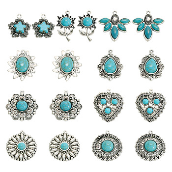 18Pcs 9 Style Tibetan Style Alloy Pendants, with Synthetic Turquoise and Resin Beads, Mixed Shapes, Antique Silver, 26~34.5x19~33x5~8mm, Hole: 1.6~3mm, 2pcs/style