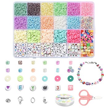 DIY Heishi Bracelet Necklace Making Kit, Including Glass Seed & Polymer Clay Disc & Acrylic Number Beads, Scissors, Elastic Thread, Mixed Color
