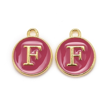 Golden Plated Alloy Enamel Charms, Cadmium Free & Lead Free, Enamelled Sequins, Flat Round with Letter, Camellia, Letter.F, 14x12x2mm, Hole: 1.5mm