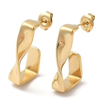 Ion Plating(IP) 304 Stainless Steel Twist Rectangle Stud Earrings, Half Hoop Earrings, Real 14K Gold Plated, 13.5x5.5mm