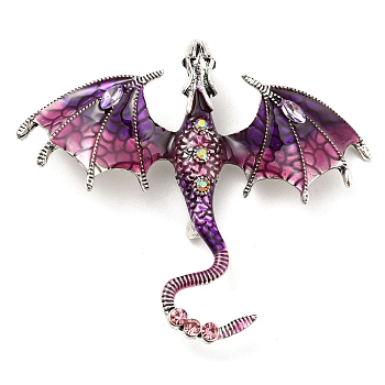 Dragon Enamel Pins, Antique Silver Alloy Rhinestone Brooch, Purple, 61x70.5x10.5mm, Hole: 6x4mm