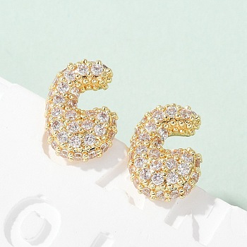 Brass Micro Pave Cubic Zirconia Stud Earrings, Rack Plating, Long-Lasting Plated, Real 18K Gold Plated, Letter C, 13x9mm