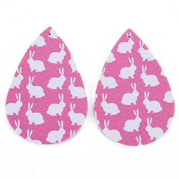 PU Leather Big Teardrop with Bunny Pendants, Easter Theme, with Rabbit Pattern, Hot Pink, 55~56.5x35~37x2mm, Hole: 1~2mm