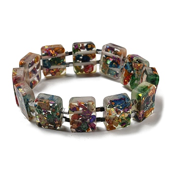 Dyed Natural Imperial Jasper with Resin Beaded Stretch Bracelets, Rectangle, Colorful, Inner Diameter: 2-1/8 inch(5.4cm)