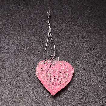 Brushed Style Heart Glass Pendant, with Polyester Metallic Cord, Pink, 130mm