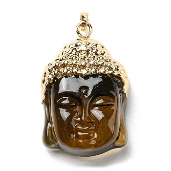 Glass Pendants, with Brass Findings, Buddha Head, Golden, Camel, 40x26.5x16.5mm, Hole: 5x8mm