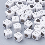 Plated Acrylic Beads, Metal Enlaced, Cube with Russian Alphabet, Silver Plated, 6x6x6mm, Hole: 3.5mm(X-SACR-T338-08)