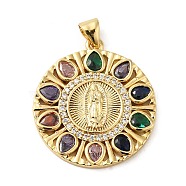 Rack Plating Brass Micro Pave Cubic Zirconia Pendants, Cadmium Free & Lead Free, Real 18K Gold Plated, Long-Lasting Plated, Flat Round with Saint, Colorful, 26x23.5x3mm, Hole: 3.5x5mm(KK-P241-35G)
