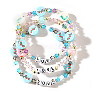 3Pcs Christmas Theme Handmade Polymer Clay & Glass Bicone Beads Stretch Bracelet Sets, with Word Love, Sky Blue, 6-7/8 inch(17.5cm)(QY3550-2)