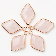 Natural Rose Quartz Pendants, with Light Golden Plated Brass Edge, Rhombus, Faceted, 26x15.5x4.5mm, Hole: 2mm(G-R464-005B)