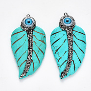 Synthetic Turquoise Pendants, with Polymer Clay Rhinestones, Evil Eye Resin and Iron Loop, Dyed, Leaf, Gunmetal, Turquoise, PP12(1.8~1.9mm), 67~68x36~37x12mm, Hole: 1.6~2mm(TURQ-N213-04)