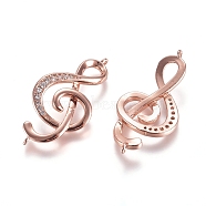 Brass Micro Pave Cubic Zirconia Links connectors, Treble Clef, Clear, Rose Gold, 32x16x3mm, Hole: 1.2mm(ZIRC-K081-67RG)
