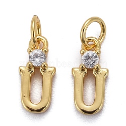 Brass Micro Pave Clear Cubic Zirconia Pendants, with Jump Rings, Real 18K Gold Plated, Long-Lasting Plated, Letter, Letter.U, 9.5x4x2mm(ZIRC-Z011-35U)