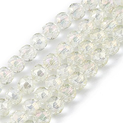 Transparent Electroplate Glass Beads Strands, Faceted, Round, Full Rainbow Plated, Light Yellow, 9~10x9~9.5mm, Hole: 1.4mm, about 54~60pcs/strand, 18.90~21.65 inch(48~55cm)(EGLA-F154-FR03)