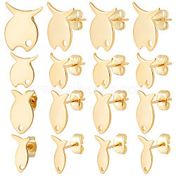 80Pcs 4 Style 201 Stainless Steel Stud Earring Findings, with Hole & 304 Stainless Steel Pins & Ear Nuts, Fish, Real 24K Gold Plated, 10.5~15x6.5~12.5mm, hole: 1.2~1.8mm, pin: 0.8mm, 20Pcs/style(STAS-BBC0001-75)