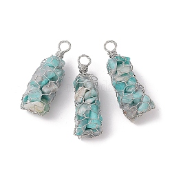 Rack Plating Copper Wire Wrapped Natural Amazonite Chip Big Pendants, Macrame Gems Charms, Cadmium Free & Lead Free, Platinum, 45.5~56x17~20x17~22mm, Hole: 5~6.5mm(G-C130-01P-04)