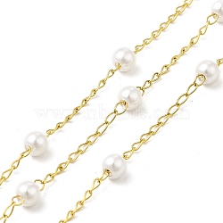 Ion Plating(IP) 316 Surgical Stainless Steel Curb Chains, Plastic Pearl Round Charm Chain, Soldered, with Spool, Real 18K Gold Plated, Link: 2x1.5x0.5mm, Round: 4mm(CHS-I019-01A-1)