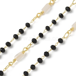 Brass Link Chains, with Glass Beads, Ion Plating(IP), Soldered, Real 18K Gold Plated, with Spool, WhiteSmoke, 13.5x3mm, 10m/roll.(CHC-C009-01G-01)