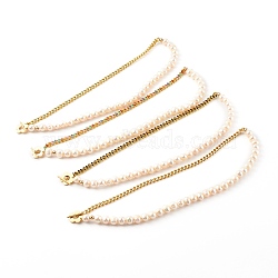 Brass Enamel Curb Chain Necklaces, with Round Natural Pearl Beads and Toggle Clasps, Real 18K Gold Plated, Mixed Color, 17.12 inch(43.5cm)(NJEW-JN03482)