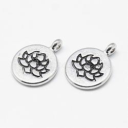 Tibetan Style Alloy Pendants, Flat Round with Lotus, Cadmium Free & Lead Free, Antique Silver, 20x15x4.5mm, Hole: 1.5mm, about 490pcs/1000g(TIBE-S301-015AS-RS)