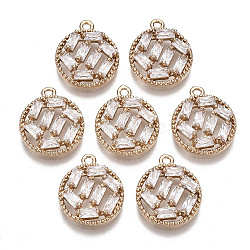 Brass Micro Pave Cubic Zirconia Pendants, Long-Lasting Plated, Flat Round, Light Gold, Clear, 16x14x3.5mm, Hole: 1.4mm(KK-R111-072)