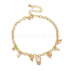 Oval Brass Micro Pave Clear Cubic Zirconia Charm Bracelets For Women, with Glass Beads, Real 18K Gold Plated, 6-3/4 inch(17.2cm)(BJEW-L696-014G)