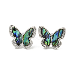 Rack Plating Butterfly Brass Stud Earrings, with Clear Cubic Zirconia, Natural Paua Shell Earrings, Platinum, 17x20.5mm(EJEW-N055-55P)