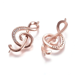 Brass Micro Pave Cubic Zirconia Links connectors, Treble Clef, Clear, Rose Gold, 32x16x3mm, Hole: 1.2mm(ZIRC-K081-67RG)