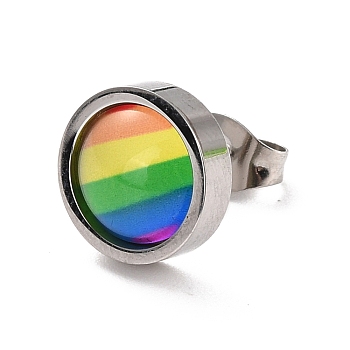 SHEGRACE Rainbow Pride Earrings, Flat Round with Stripe Titanium Steel Stud Earrings for Men Women, Stainless Steel Color, 10x4mm, Pin: 0.8mm