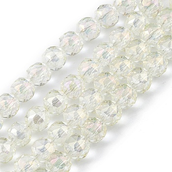 Transparent Electroplate Glass Beads Strands, Faceted, Round, Full Rainbow Plated, Light Yellow, 9~10x9~9.5mm, Hole: 1.4mm, about 54~60pcs/strand, 18.90~21.65 inch(48~55cm)