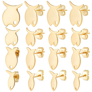 80Pcs 4 Style 201 Stainless Steel Stud Earring Findings, with Hole & 304 Stainless Steel Pins & Ear Nuts, Fish, Real 24K Gold Plated, 10.5~15x6.5~12.5mm, hole: 1.2~1.8mm, pin: 0.8mm, 20Pcs/style