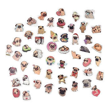 50Pcs 50 Styles Paper Pug Dog Cartoon Stickers Sets, Adhesive Decals for DIY Scrapbooking, Photo Album Decoration, Dog Pattern, 41~54x45~55x0.2mm, 1pc/style