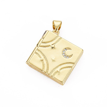 Brass Micro Pave Clear Cubic Zirconia Diffuser Locket Pendants for Teachers' Day, Nickel Free, Book, Real 18K Gold Plated, 20.5x19.5x5mm, Hole: 3.5x4mm